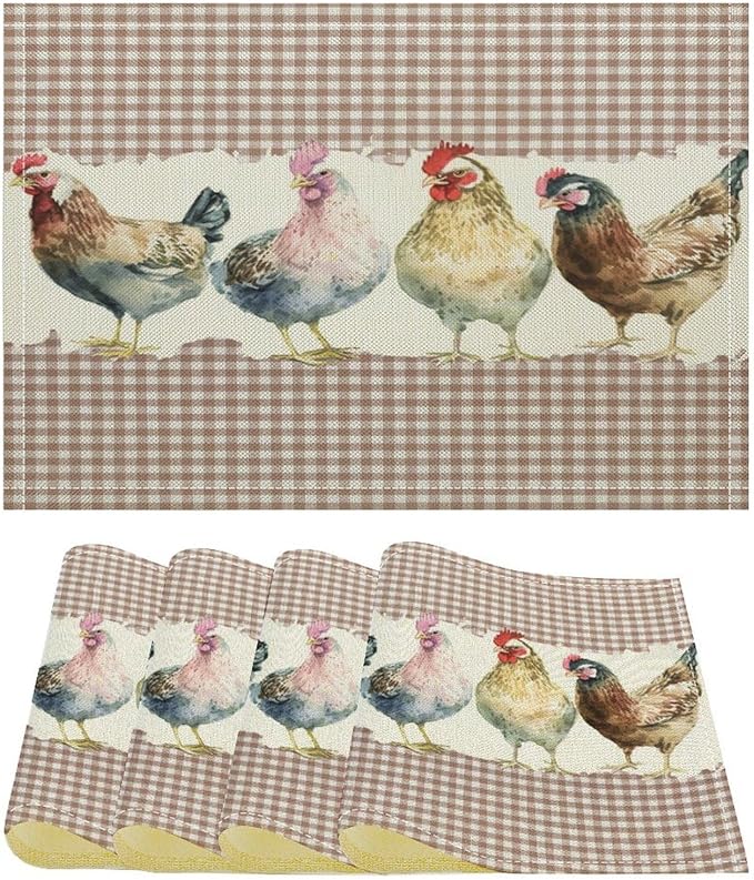 Rustic Rooster Placemat Set, Vintage Boho Farmhouse Colorful Watertcolor Chicken Pink Plaid Pattern Home Decor Table Mats for Dining Room Kitchen Party (17x12in) x4P