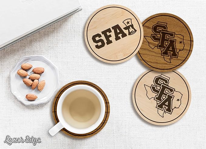 LazerEdge Stephen F. Austin Lumberjacks Wooden Coaster Set - Cherry Wood - Officially Licensed Product - 4-Pack