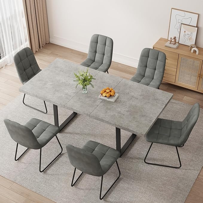 ZckyCine Modern Extendable Dining Table Set, 63''-79'', Gray Wood Table with 6 Gray Leather Chairs, Stylish & Comfortable, Seats 6, Ideal for Dining Room & Kitchen