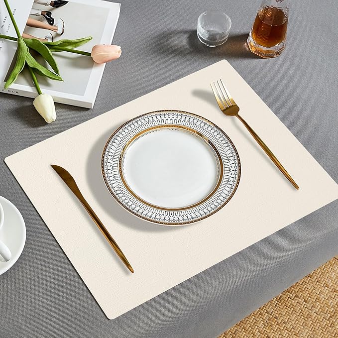 Faux Leather Placemats Set of 6, Heat Resistant Wipeable Washable Vinyl Place Mats, Waterproof Anti-Slip Dining Table Mats, Suitable for Indoor & Outdoor Use (Ivory White)
