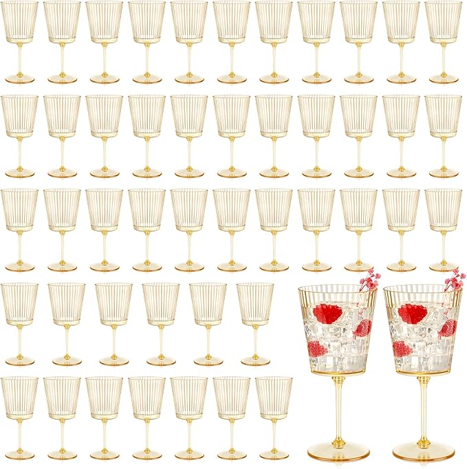 48 PCS Gold Ribbed Plastic Wine Glasses 13.5 OZ Ribbed Wine Glasses Detachable Wine Glass Elegant Fluted Glassware Vintage Style for Wedding Anniversary Birthday Dinner Parties