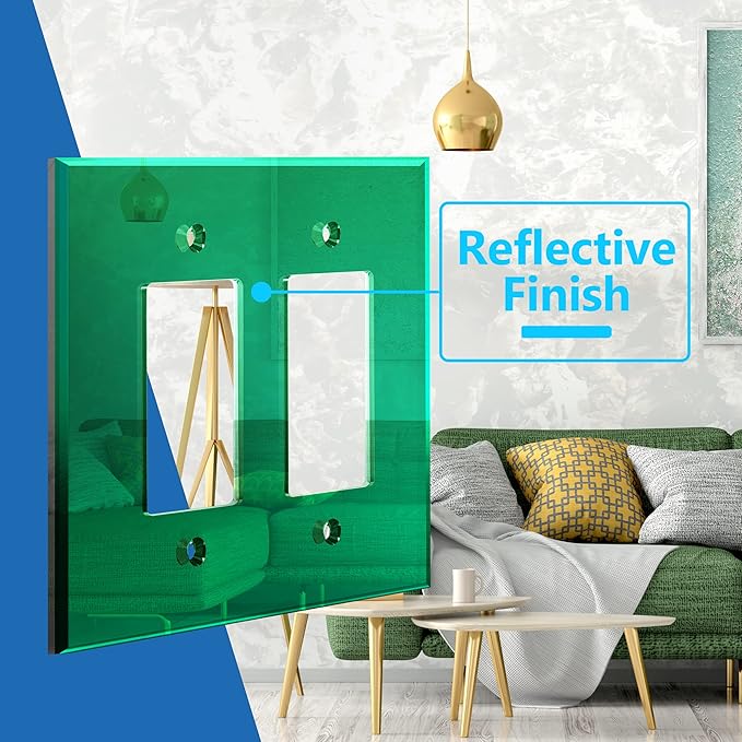 LIDER Double Decorator Wall Plate, Impact Resistant, Mirrored, Plexiglass Dual Outlet Cover or Light Switch Cover, Acrylic, Reflective Finish, Modern, Oversized 2-Gang 5.25" x 5.25", Green, 5 Pack