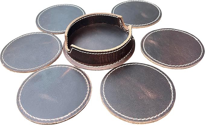 Leather Coasters for Drinks - Cup Coaster Coffee Table Kitchen Table Bar - Set of 6 with Holder for Table Top Protection - Luxurious Home Decor & Housewarming Gift