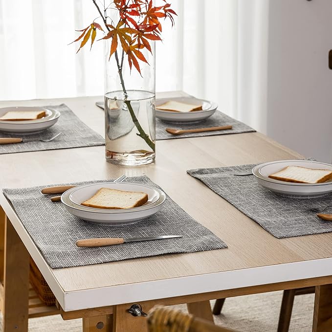 Kevin Textile Burlap Linen Placemats Set of 6 Heat Resistant Dining Table Place Mats Washable Kitchen Table Mats for Dinning Party Holiday Indoor Outdoor, 13 x19 inches, Light Grey
