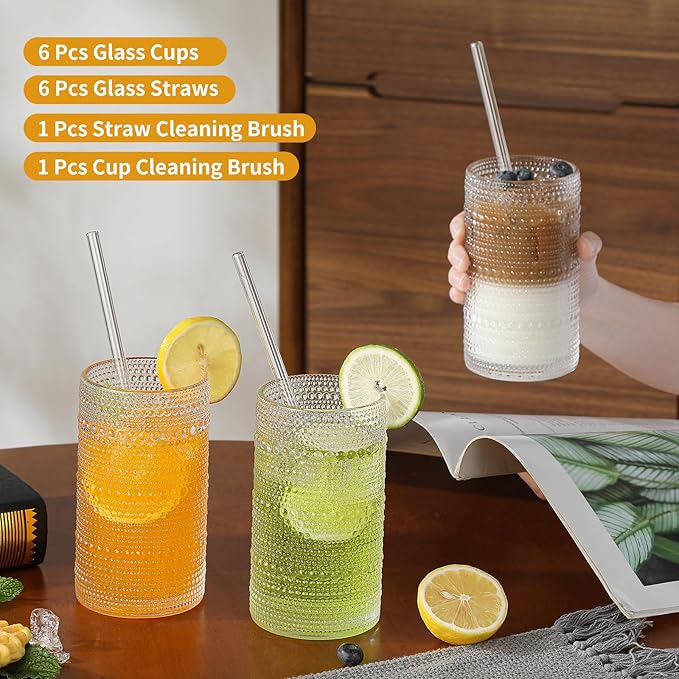 Vintage Hobnail Drinking Glasses Set of 6, 16 oz Large Capacity Embossed Clear Tumblers, Highball Glasses for Water, Cocktail, Beer, Whiskey, Kitchen & Bar Use
