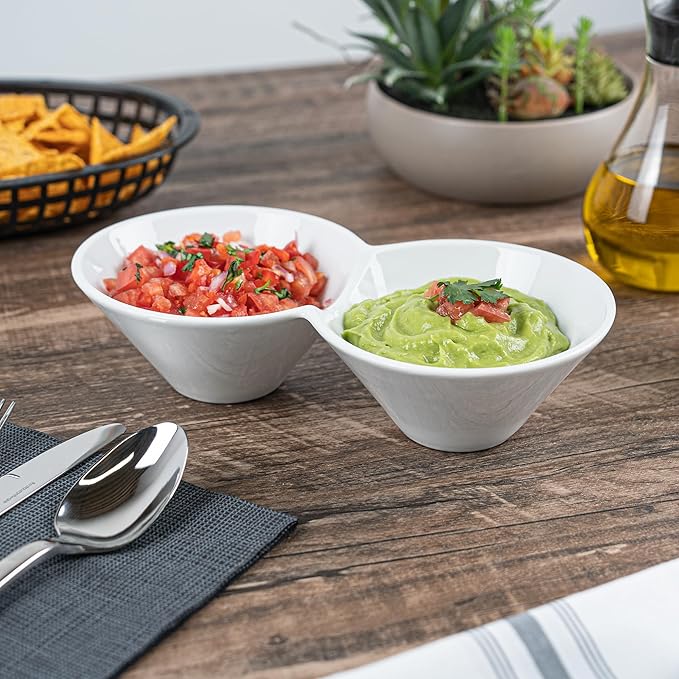 Restaurantware-9.1 x 4.9 x 2.3 Inch Double Dip Bowls, 1 Microwavable Condiment Server - 2 Compartments, Microwavable, White Porcelain Dip Tray, Dishwashable, For Snacks, Condiments, Or Toppings