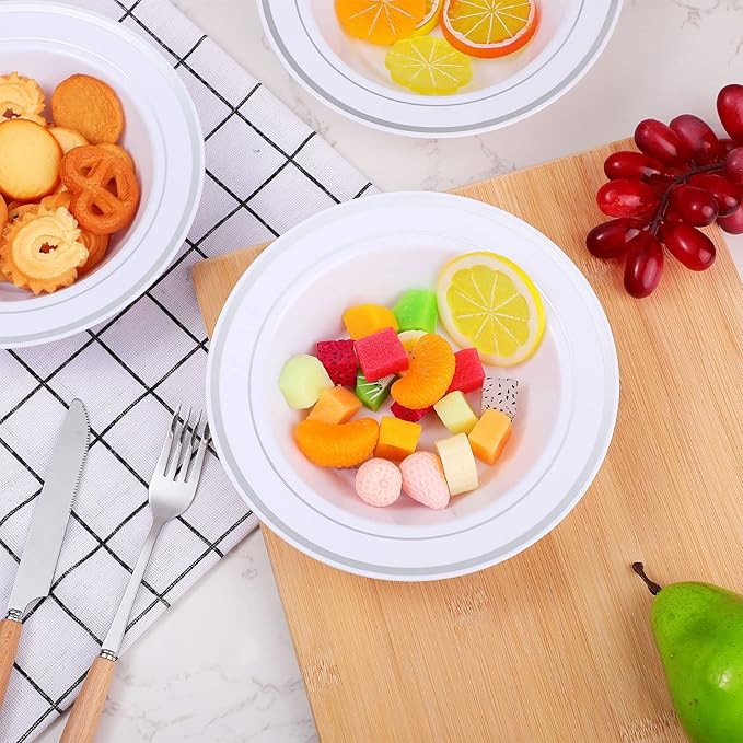 Jinei 150 Pieces 6 oz Plastic Bowls with Rim Small Disposable Soup Bowls for Dessert Salad Soup Candy Wedding Thanksgiving Catering Holidays Party Supplies (White,Silver Rim)