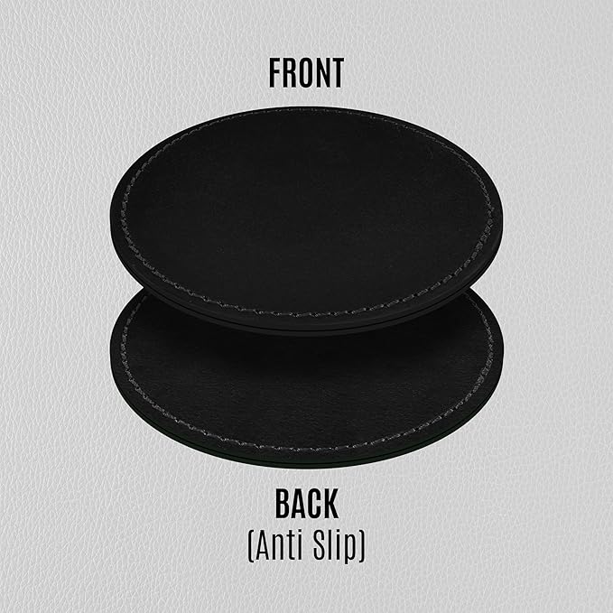 Genuine Leather, Premium Table Coasters by Leatherific, Round, 4 inch, Set of 6, with Holster, Handcrafted, Hand Made, Non Slip Drink Mats, Black (Onyx Black, 4")