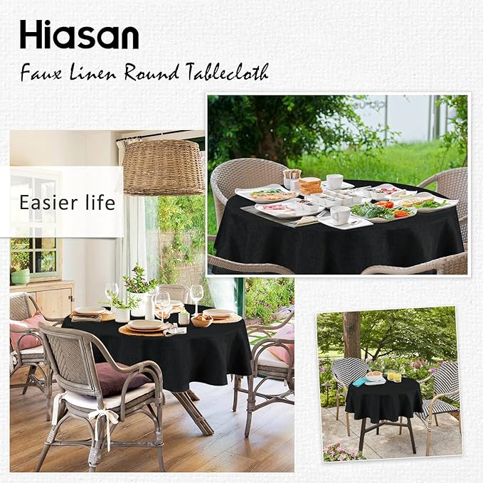 Hiasan Round Linen Tablecloth 80 Inch - Wrinkle and Stain Resistant Washable Polyester Fabric Table Cloth for Dining Room Kitchen Party, Black