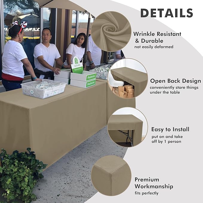 Nasitos 2 Pack Taupe Tablecloth for 8FT Trade Show Table Covers-Open Back Folding Tablecloths Washable Fabric and Wrinkle Resistant Table Covers for Craft Show, Display Table, Parties, Birthday