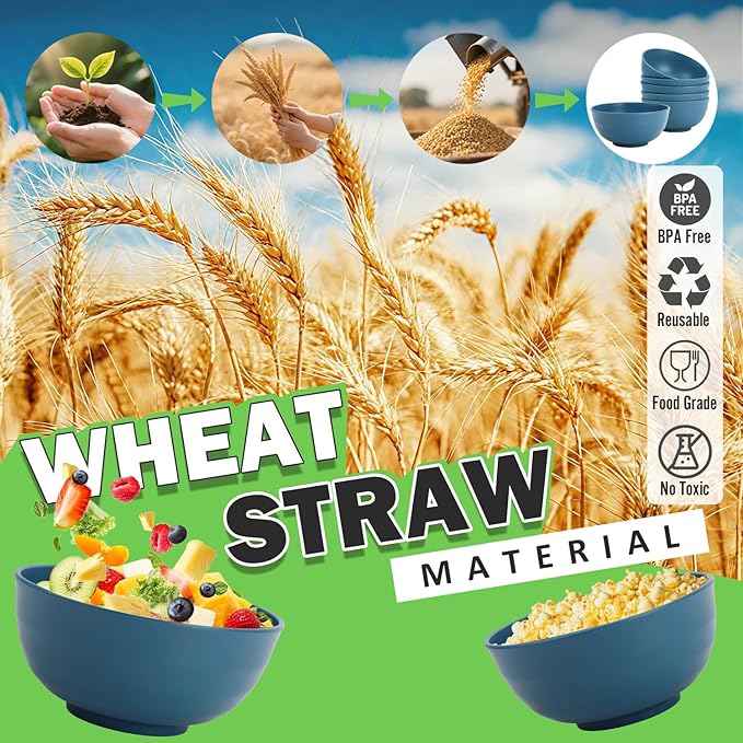 Wheat Straw Bowls Set of 6, 60 OZ Unbreakable Camping Bowls, Microwave Safe & Dishwasher Safe, Large Salad Bowls for Outdoor, Picnic, RV Trips, Ramen, Cereal, Soup, Dark Blue