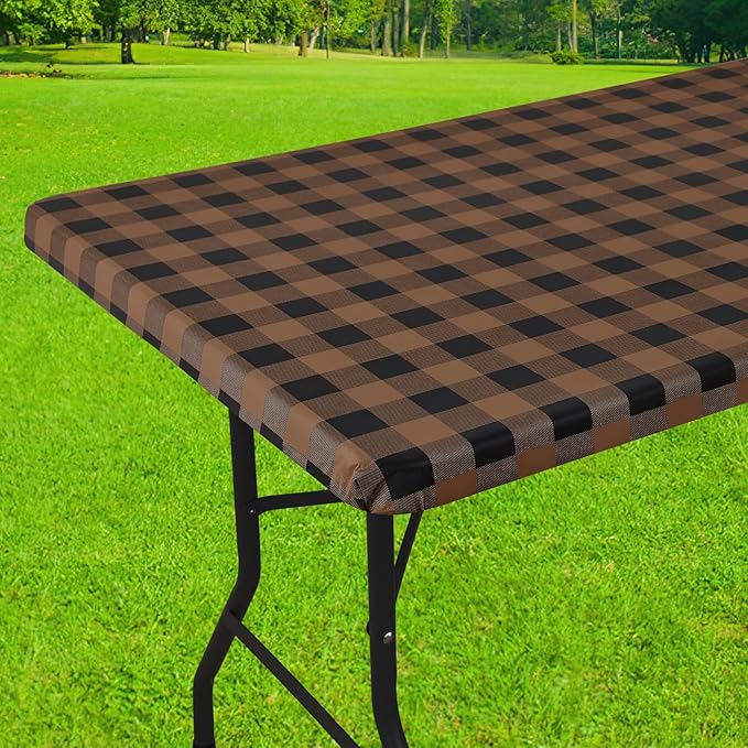 Smiry Rectangle Picnic Table Cloth, Elastic Waterproof Fitted Vinyl Tablecloths, Flannel Backed Buffalo Plaid Table Covers for Dining, Camping, Outdoor (Black and Brown, 30" x 96")