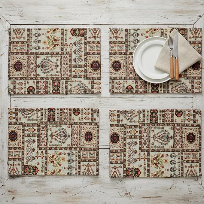 DaDa Bedding Elegant Floral Tapestry Placemats - Set of 4, Mughal-Inspired Woven Cotton Linen Dining Mats, Multi-Colored Vintage Garden Design - 13” x 19