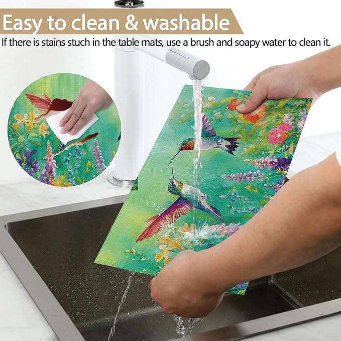 Hummingbird 12x18 Inch Placemats Set of 6 - Waterproof, Non-Slip & Washable Vintage Spring Flower Birds Table Mats for Kitchen & Dining Table Placemats