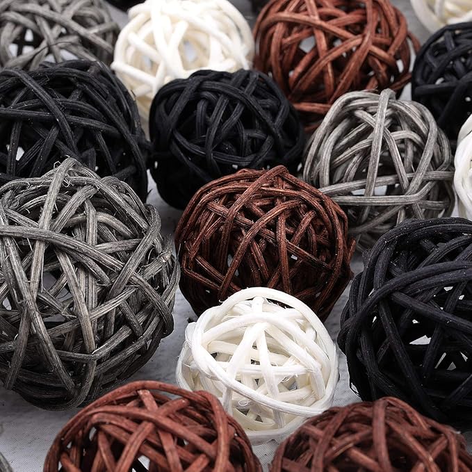 Patelai 36 Pcs Wicker Rattan Balls Decorative Balls for Vase Centerpiece Bowls Orbs Filler for Home Decor,4 Sizes(White, Dark Gray, Brown, Black)