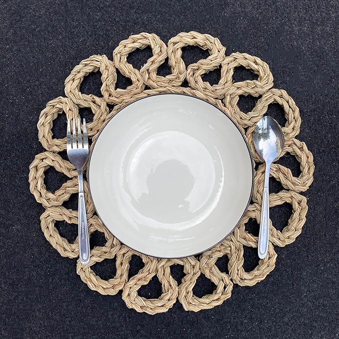 13.8" Set of 10 Round Seagrass Placemats | Boho Woven Rattan Table Mats | Farmhouse Wicker Spring Plate Chargers Like Water Hyacinth, Seagrass for Wedding, Party, Christmas, Events