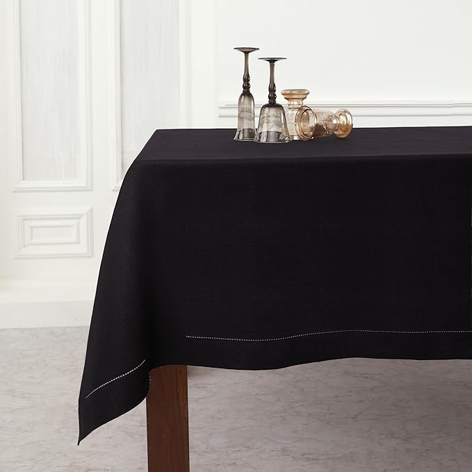 Solino Home Linen Tablecloth 60 x 108 Inch - Classic Hemstitch 100% Pure Linen Black Table Cloth for Rectangle Tables - Machine Washable Tablecloth for Winter, Spring, Easter