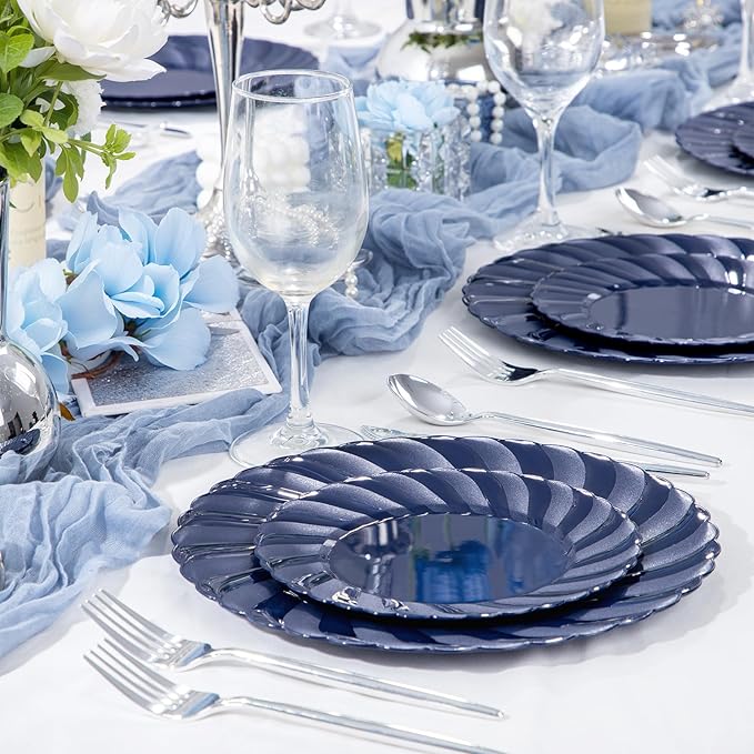 U-QE 60 Pcs Blue Plastic Plates for Party – Scalloped Blue Plates Disposable Heavy Duty – Include 30 10.25" Dinner & 30 7.25" Dessert Plate - Perfect for Parties, Weddings