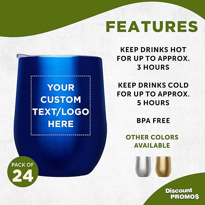 Custom Stemless Wine Glass Tumblers with Lids by Largo 11 oz. Set of 24, Personalized Bulk Pack - Perfect for Wine, Cocktails, Other Hot & Cold Beverages - Blue