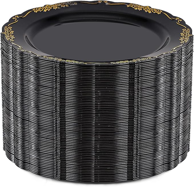 DaYammi 60PCS Black and Gold Plastic Plates, Heavy Duty Black and Gold Disposable Plates Premium 7.5 inch Dessert Cake Salad Appetizer Plate Hard Plastic Plate Disposable for Party Wedding