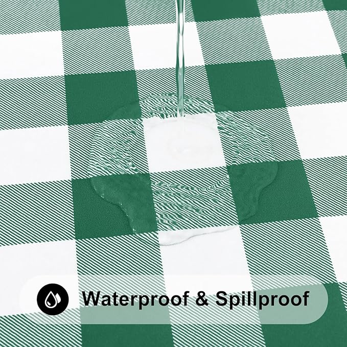 Smiry Rectangle Picnic Table Cloth, Elastic Waterproof Fitted Vinyl Tablecloths, Flannel Backed Buffalo Plaid Table Covers for Dining, Camping, Outdoor (Emerald Green and White, 30" x 96")