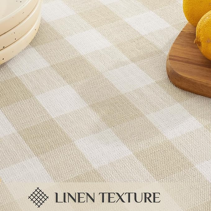 Softalker Checkered Tablecloth Rectangle, Outdoor Linen Cotton Gingham Table Cloth with Tassel, Heavy Duty Wrinkle Free Buffalo Plaid Table Cover for Kitchen Dining Home Party - 55 x 70 Inch, Beige