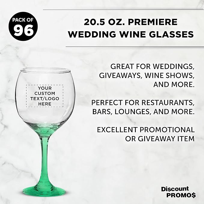 Custom Premiere Wedding Wine Glasses 20.5 oz Set of 96, Personalized Bulk Pack - Restaurant Glassware, Perfect for Red Wine or White Wine - Green