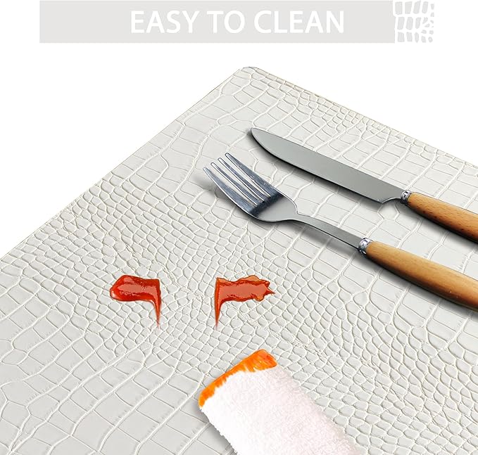 Jovono Faux Leather Placemats Set of 8, Waterproof & Heat Resistant Dinner Place Mats for Dining Table, Non-Slip Crocodile Embossed, White (17.8x11.8 Inch)