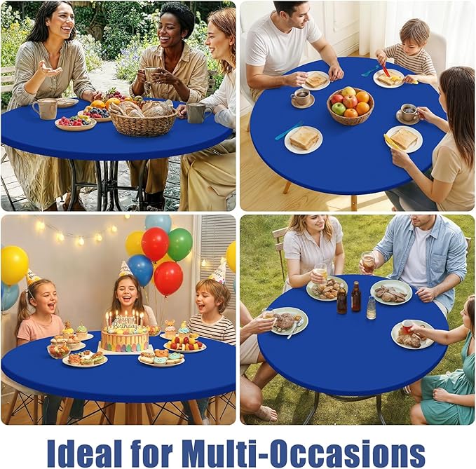 Round Spandex Tablecloth, Elastic Fitted Waterproof Tablecloths for 45"-56" Tables, Stretch Washable Picnic Table Cover for Camping, Dining, Indoor and Outdoor, Blue