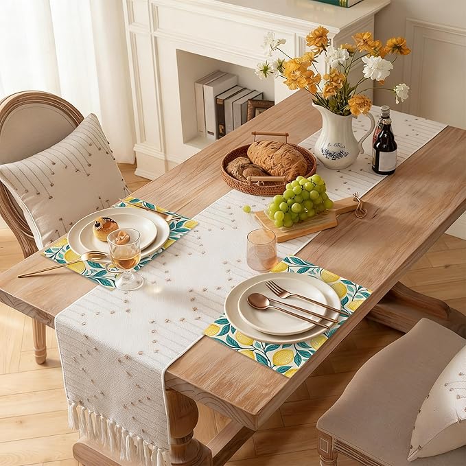 Placemats Set of 6 Lemon Leaf Place Mats Washable Kitchen Dining Linen Table Mats Stain Heat, for Home Party Indoor 12x18 in