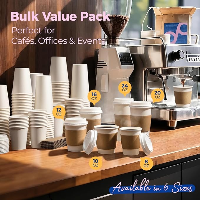 Fit Meal Prep 50 Pack 10 oz Disposable Coffee Cups with Lids, Sleeves, Leak-Proof To Go Coffee Cups with Lids, Durable Hot Paper Cups for Home, Office, Party, Business