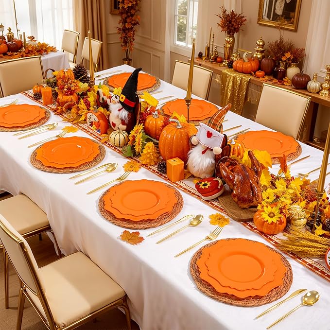COLOSUS 100pcs orange Disposable Plastic Plate-Heavy duty plate for Party/Wedding/anniversary 50 dinner plates and 50 dessert/salad plates