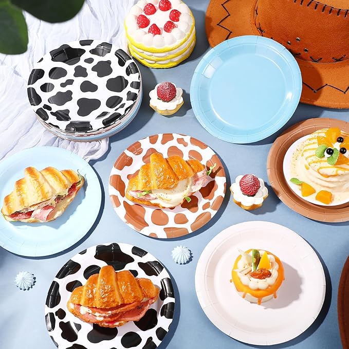 60 Pcs 7 Inch Western Cowboy Party Paper Plates Blue Brown Cartoon Plates Decorations Cow Print Disposable Dessert Dish for Western Theme Farm Birthday Baby Shower Farmhouse Party Supplies