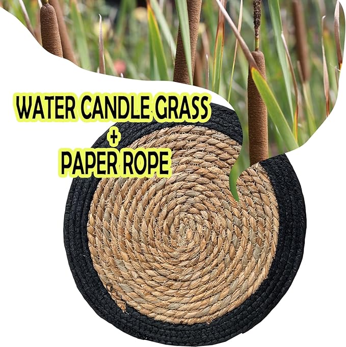 ANDSTAR Round Woven Placemats Set of 6, 12"x12", Natural Wicker Placemats, Water Hyacinth Straw Braided Placemats,Boho Place Mats for Farmhouse, Rustic Table (Water Hyacinth + Black Cotton Rope)