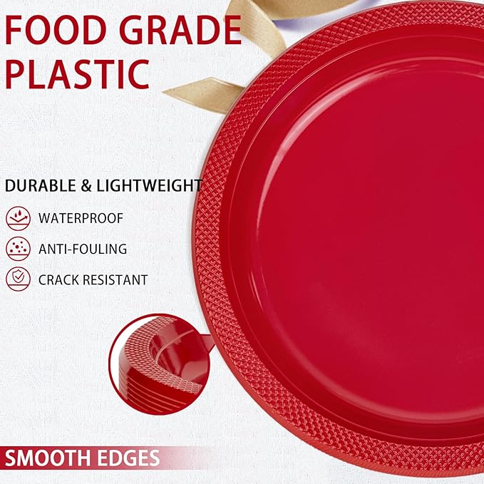 WELLIFE Red Party Plates 10 Inch -150 Count, Plastic Disposable Plates for Valentine's Day Dinner Party Easter Mother's Day