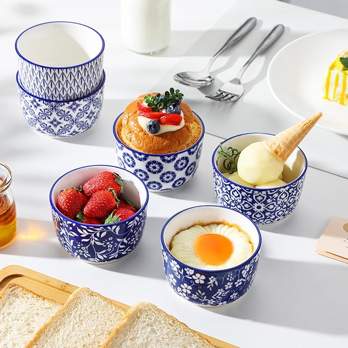 vancasso Selene 8 oz Ceramic Ramekins Set of 6, Large Capacity Oven-Safe Baking Cups for Soufflés, Snack Serving, Desserts, Blue and White Serving Bowls