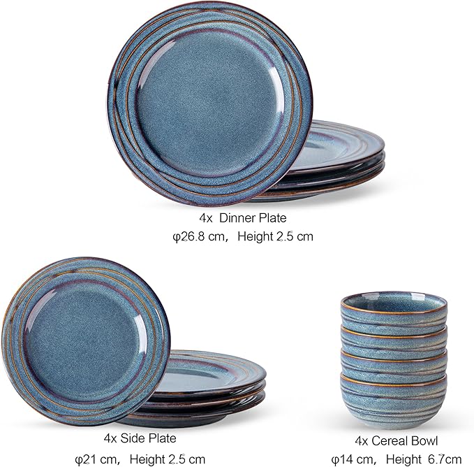 GBHOME Ceramic Dinnerware Sets,12 pcs Embossed Elegant Stoneware Plates and Bowls Sets, Housewarming Wedding Gift | Dishwasher & Microwave Safe | Dishes Set Service for 4,Ceylon Blue