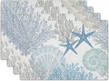 aportt Nautical Placemats Set of 4 Starfish Beach Theme Ocean Seashell Washable Non-Slip Heat Resistant 12×18 Inch Coastal Summer Thick Place Mats Decorative Linen Fabric Table Mat for Dining (FF)