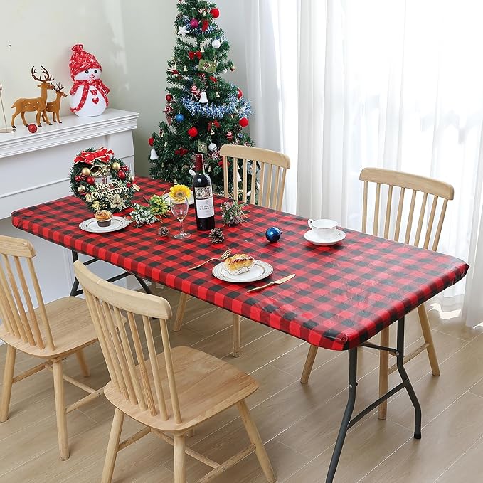 Smiry Rectangle Picnic Table Cloth, Elastic Waterproof Fitted Vinyl Tablecloths, Flannel Backed Buffalo Plaid Table Covers for Dining, Camping, Outdoor (Black and Red, 30" x 96")