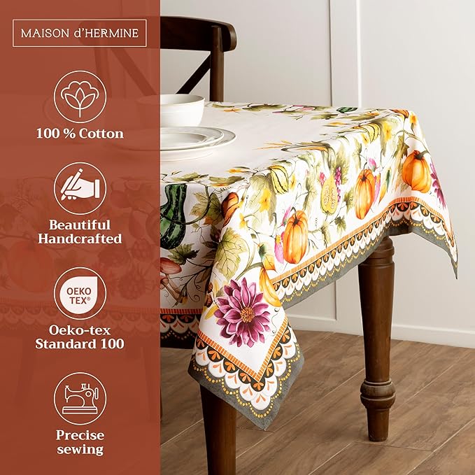 Maison d' Hermine Table Cloth Rectangle Table 100% Cotton 60 x 90 Inches Fall Tablecloth Reusable Everyday Use for Thanksgiving Christmas Decorations Dining Farmhouse (Pumpkin Garden - Cloudy Cream)