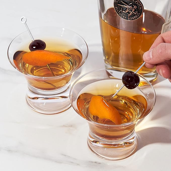Viski Heavy Base Stemless Manhattan Glasses Set of 2 - Premium Crystal Cocktail Glass, Stemless Martini Glasses, Cocktail Glass Gift Set, 7 oz