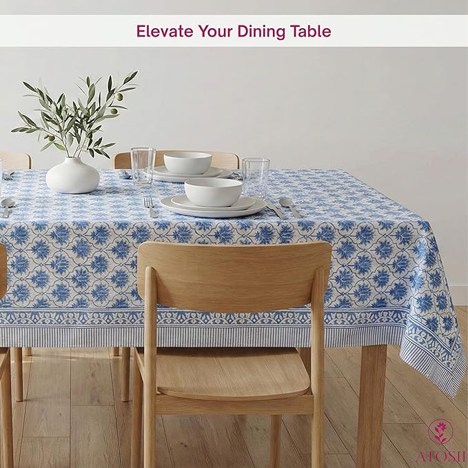 ATOSII Padma Blue 100% Cotton Square Summer Tablecloth, Indian Block Print Floral Table Cloth I Dining Parties Weddings Outdoors Holidays 60 X 60 Inches, 4 Seater I Grandmillennial Farmhouse Boho