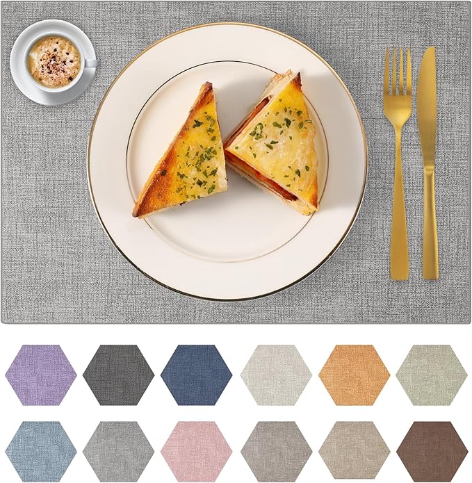 Faux Leather Placemats Set of 8 Washable PU Table mats for Kitchen Table - Heat Resistant, Waterproof, Easy Clean, Anti Slip 11.8" x 17" (Light Grey-8 Pack)