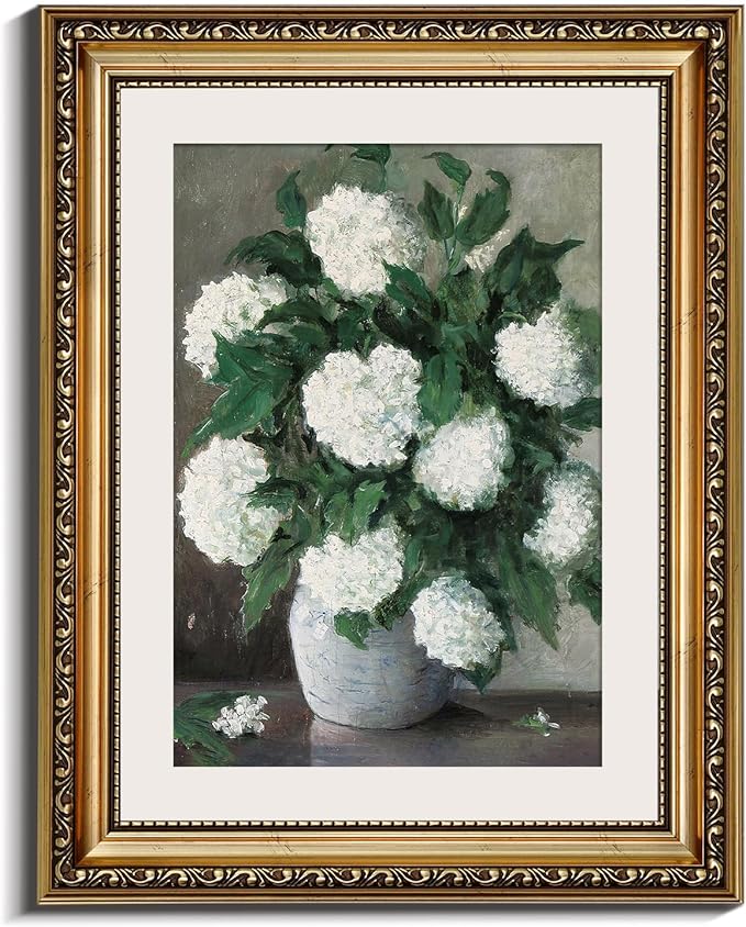 InSimSea Retro Gold Framed Wall Art, Home Room White Hydrangea Vintage Wall Decor, Canvas Print Artwork, Farmhouse Country Decor, Antique Picture Frame Floral Paintings, 11x14 Inch