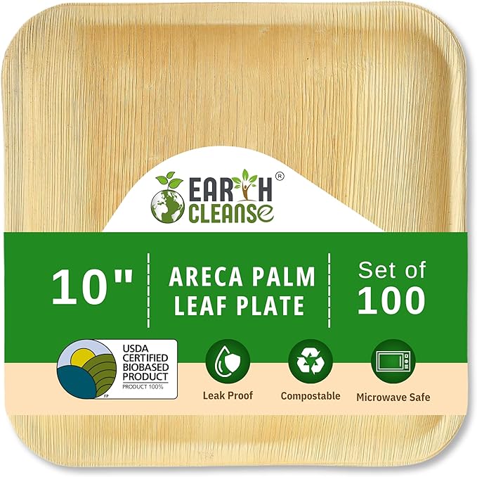 Compostable Palm Leaf Plates 10 Inch Square (100 Pack) | Disposable Biodegradable Plates Like Bamboo & Wooden | Microwave & Oven Safe | Eco-Friendly