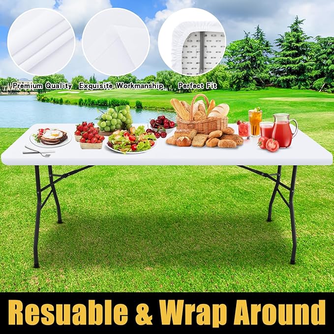 Smiry Rectangle Picnic Table Cloth, Waterproof Elastic Fitted Tablecloths for 4 Foot Tables, Washable Polyester Table Cover for Camping, Indoor and Outdoor (White, 24"x48")