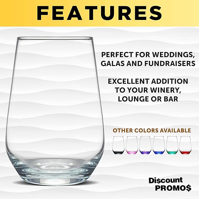 DISCOUNT PROMOS 10 Vaso Silicia Stemless Wine Glasses Set, 16 oz. - Clear, Orb-Like, Thick base - Clear