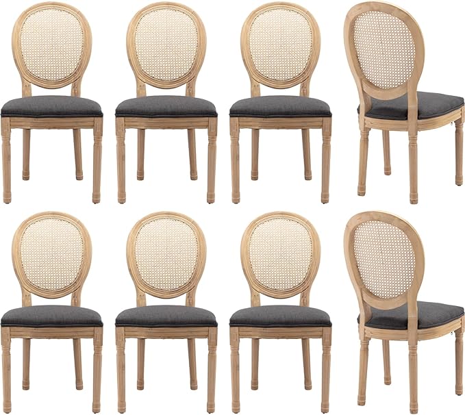 Vintage French Rattan Dining Chairs Set of 8, Solid Wood Frame with Round Rattan Back and Linen Upholstered Seat, Farmhouse Accent Sillas de Comedor Side Chairs for Dining Room & Kitchen, Gray