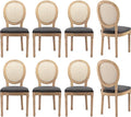 Vintage French Rattan Dining Chairs Set of 8, Solid Wood Frame with Round Rattan Back and Linen Upholstered Seat, Farmhouse Accent Sillas de Comedor Side Chairs for Dining Room & Kitchen, Gray