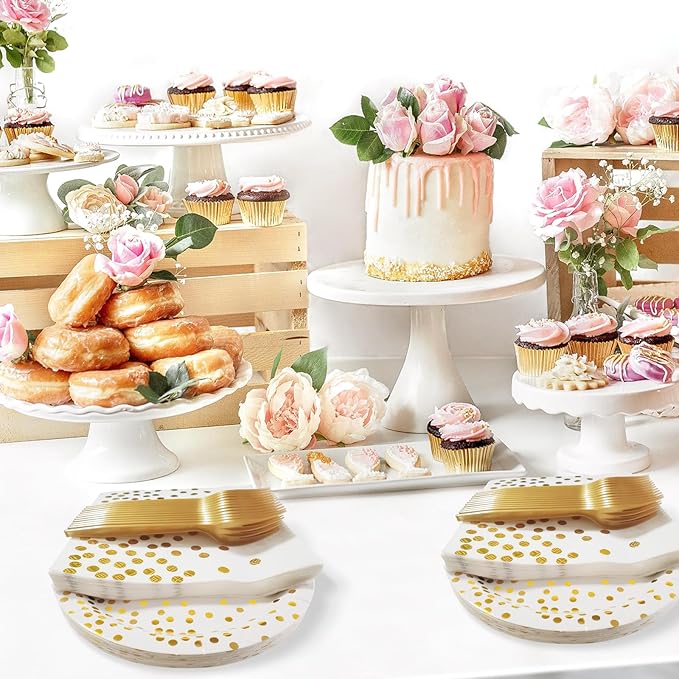 White and Gold Paper Plates Napkins Party Supplies,Disposable Gold Dot Paper Dessert Plates,105 PCS Birthday Plates and Napkins Party Supplies for Wedding(Serves 35 Guests 7")